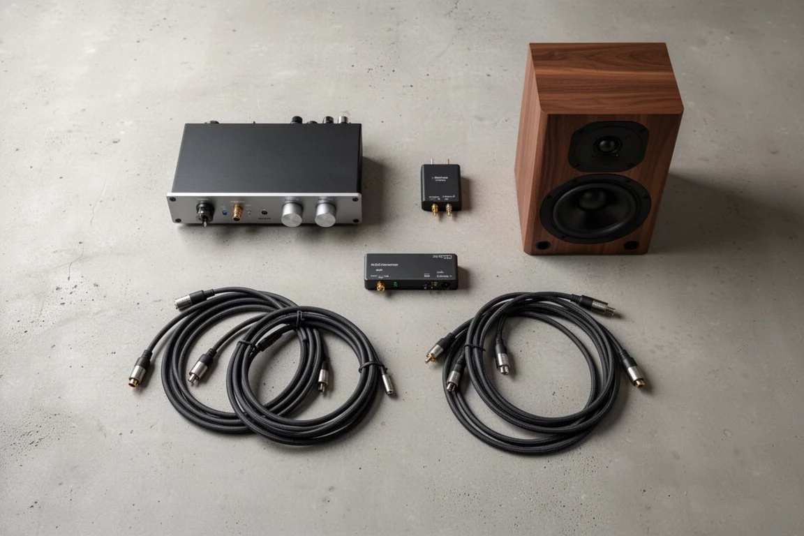 Draufsicht auf ein Desktop-Hi-Fi-Setup mit kompakten Komponenten und Lautsprechern