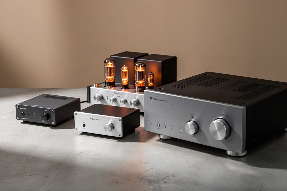 Group of hi-fi amplifiers arranged on a concrete surface in soft studio light