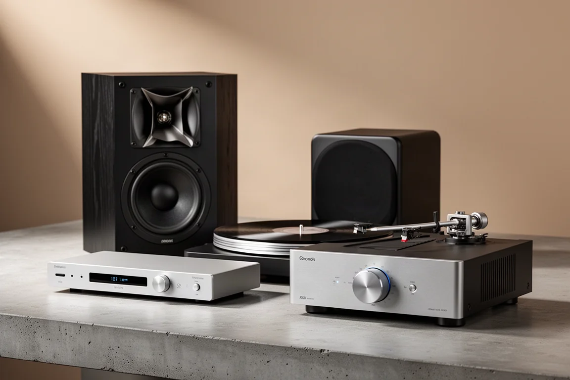 Compact hi-fi components including a bookshelf speaker, streamer, turntable, amplifier, and subwoofer on concrete
