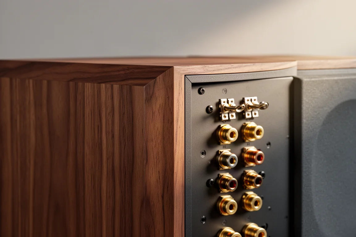 Detail eines Lautsprechergehäuses aus echtem Holzfurnier und rückseitigen Anschlussklemmen