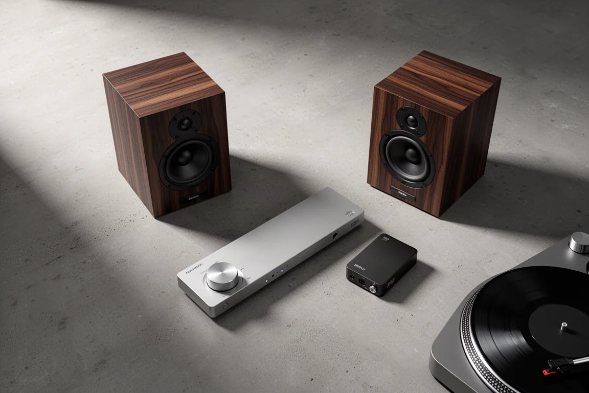 Compact hi-fi system with bookshelf speakers, amplifier, DAC and turntable on concrete