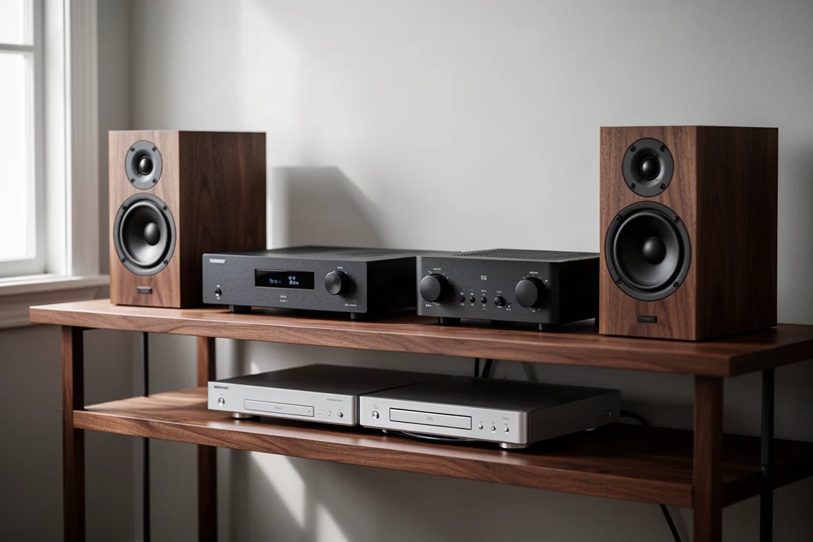 Streaming preamp, amplifier, bookshelf speakers, and CD player arranged on a walnut shelf