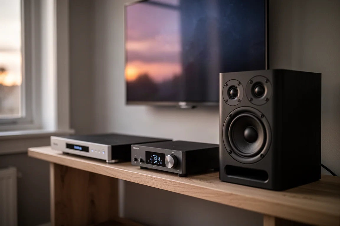 Kompaktowy zestaw audio na jasnej dębowej półce z delikatnie świecącym telewizorem w tle