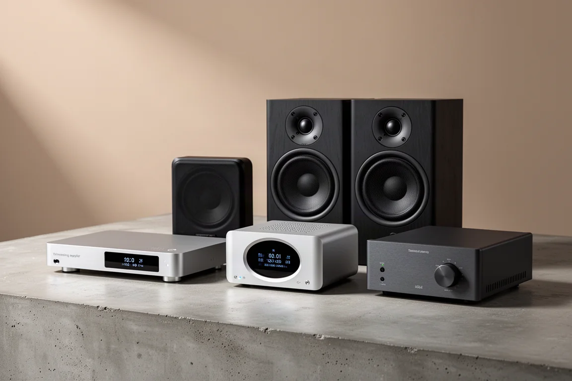 Compact streaming amplifier, desktop DAC, bookshelf speakers and small stereo amplifier on a concrete surface