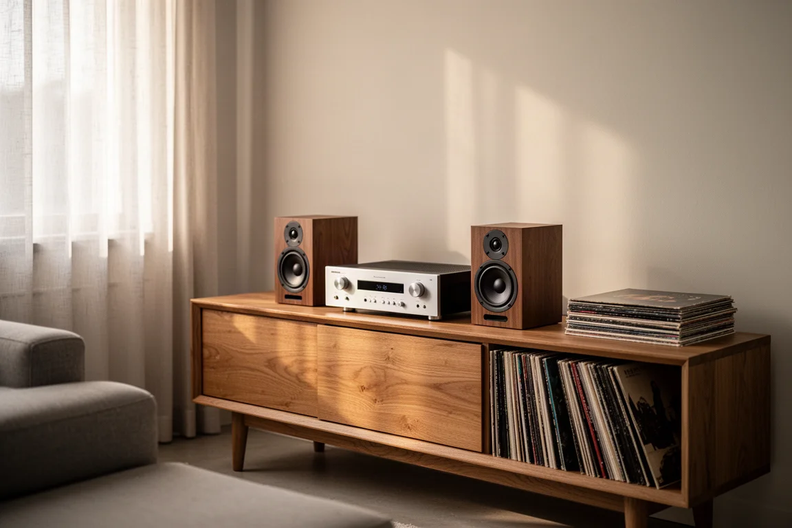 Sistema hi-fi stereo compatto su una credenza di legno in un soggiorno tranquillo