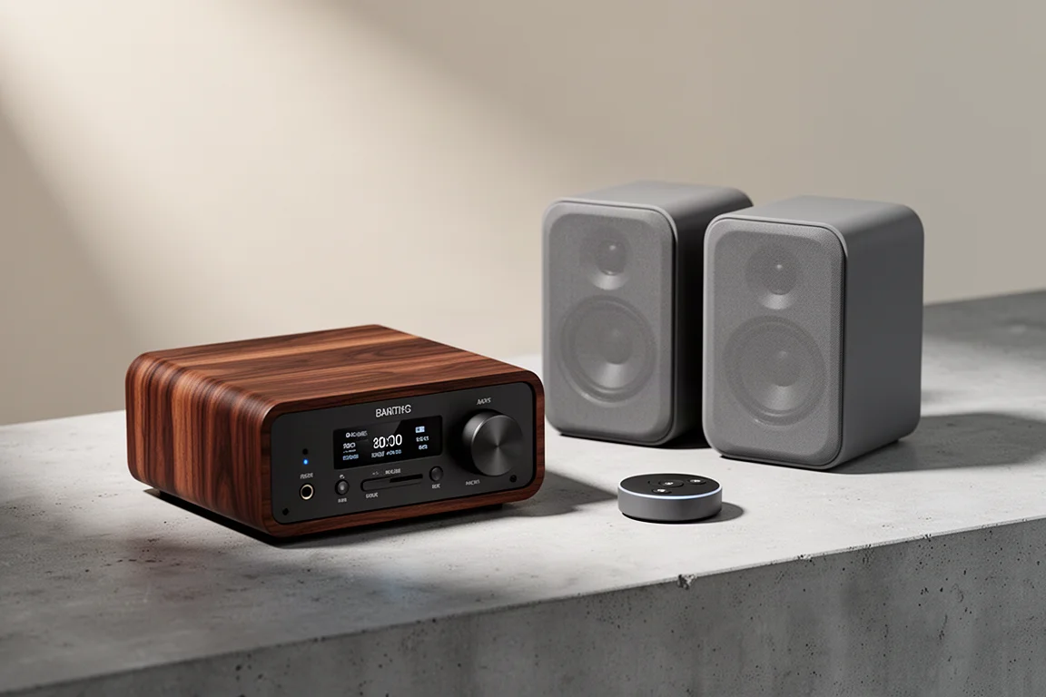Compact streaming amplifier, two small speakers, and a circular remote puck on a concrete surface