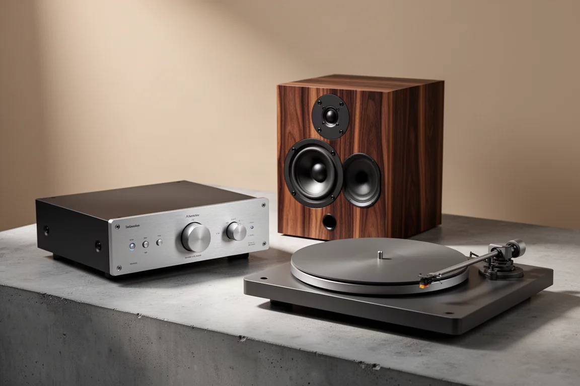 Integrated amplifier, bookshelf speaker and turntable arranged on a concrete surface