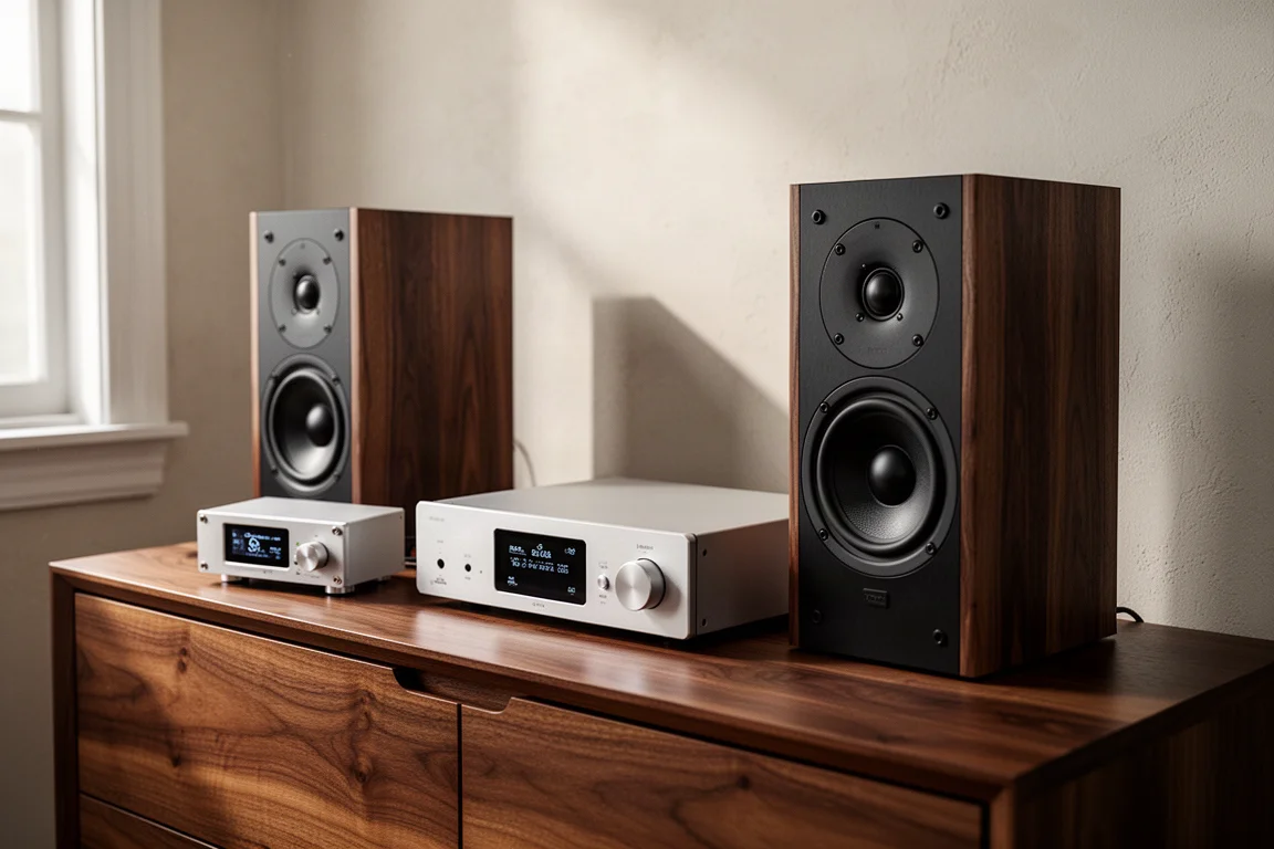 Compact DAC, slim amplifier, and standmount speakers arranged on a walnut sideboard