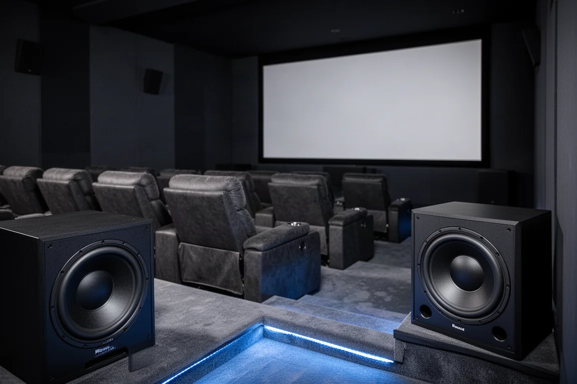 Home cinéma sombre avec fauteuils inclinables, écran éteint et grand caisson de basses bass-reflex dans le coin