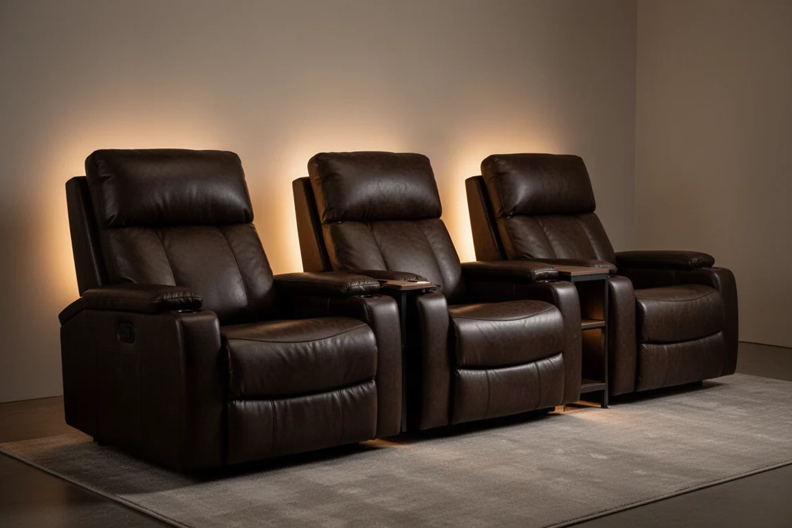 Rangée de fauteuils de home cinéma en cuir sombre avec rétroéclairage LED dans une pièce tamisée