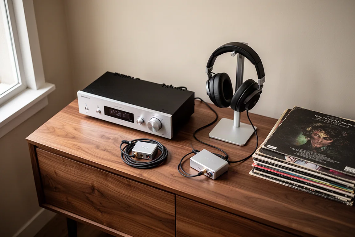 Vue de dessus à plat d'un amplificateur stéréo, d'un casque, d'un DAC portable et de vinyles sur un buffet en noyer