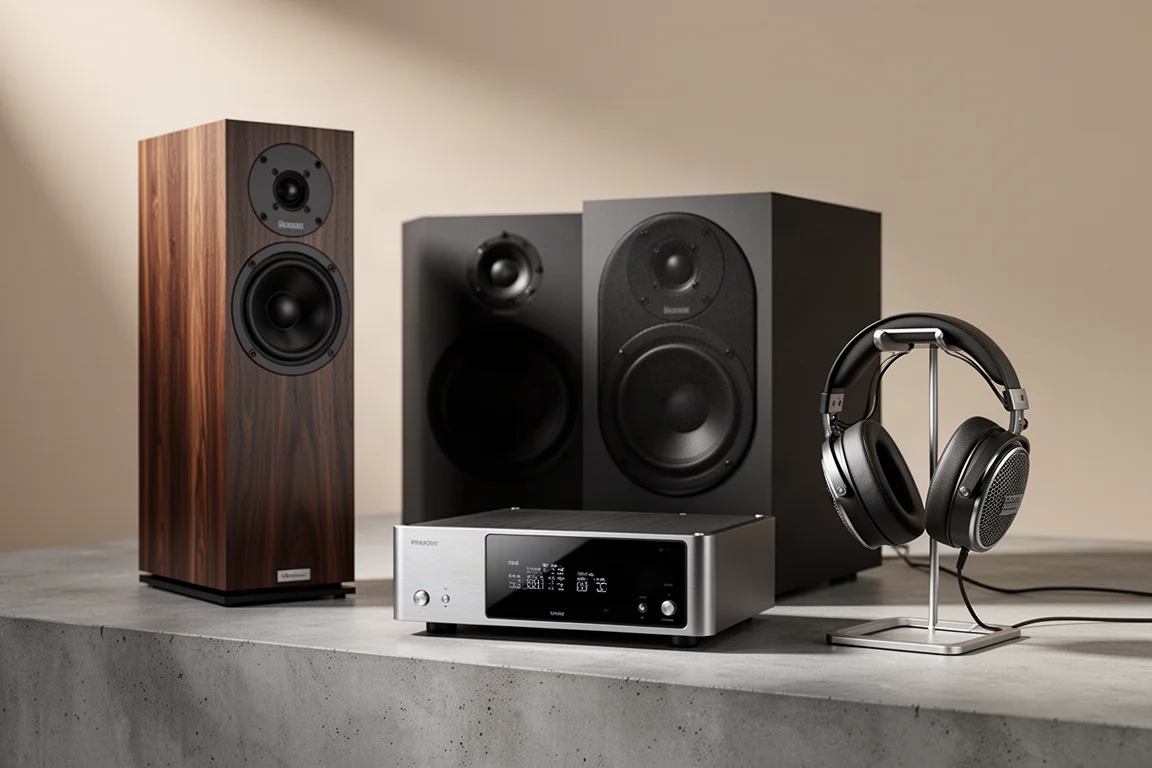 Group of high-end audio components on a concrete surface including tower speaker, bookshelf speaker, streaming amplifier and headphones