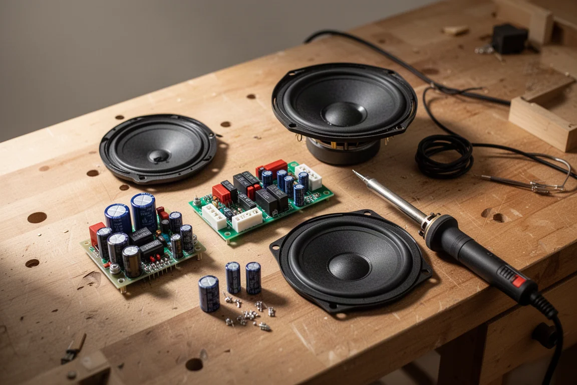 작업대 위에 펼쳐 놓은 CSS Audio 1TDX 북셀프 스피커 키트 구성품
