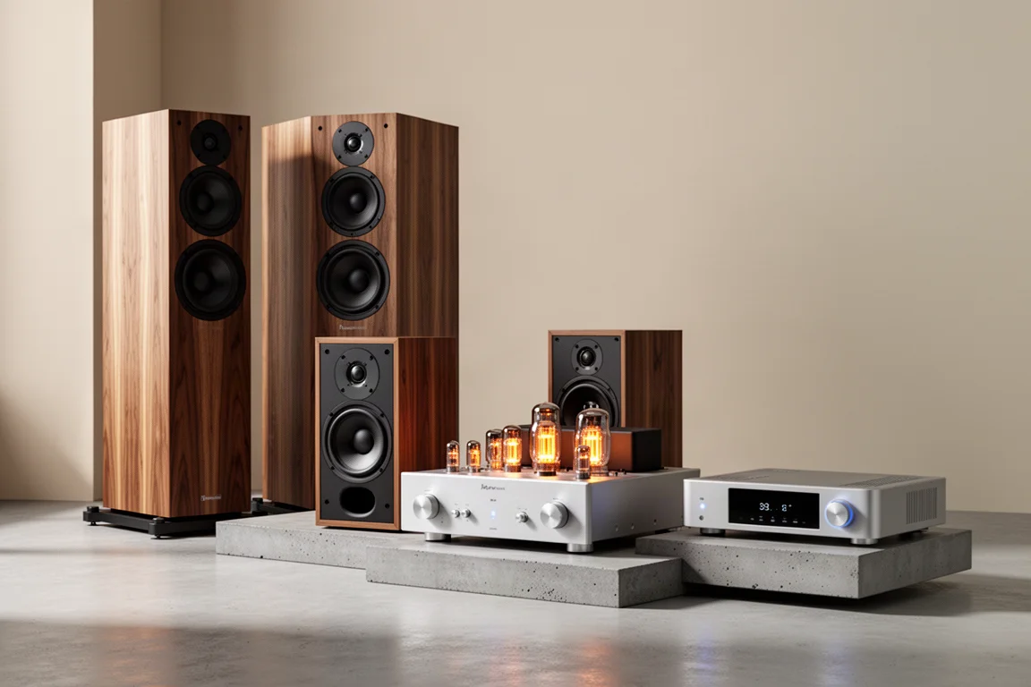 Collection of hi-fi components including speakers, amplifier, and DAC on concrete surface