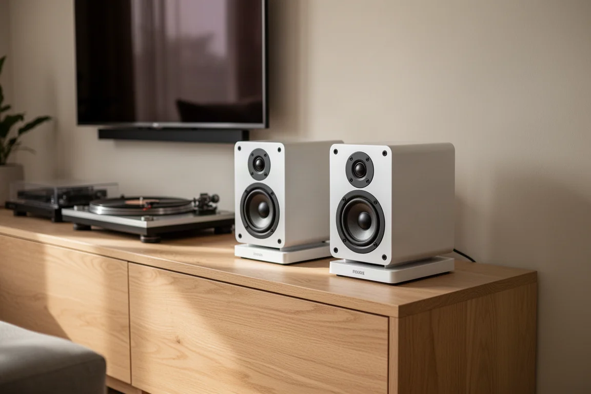 Soggiorno moderno con diffusori amplificati compatti su una credenza
