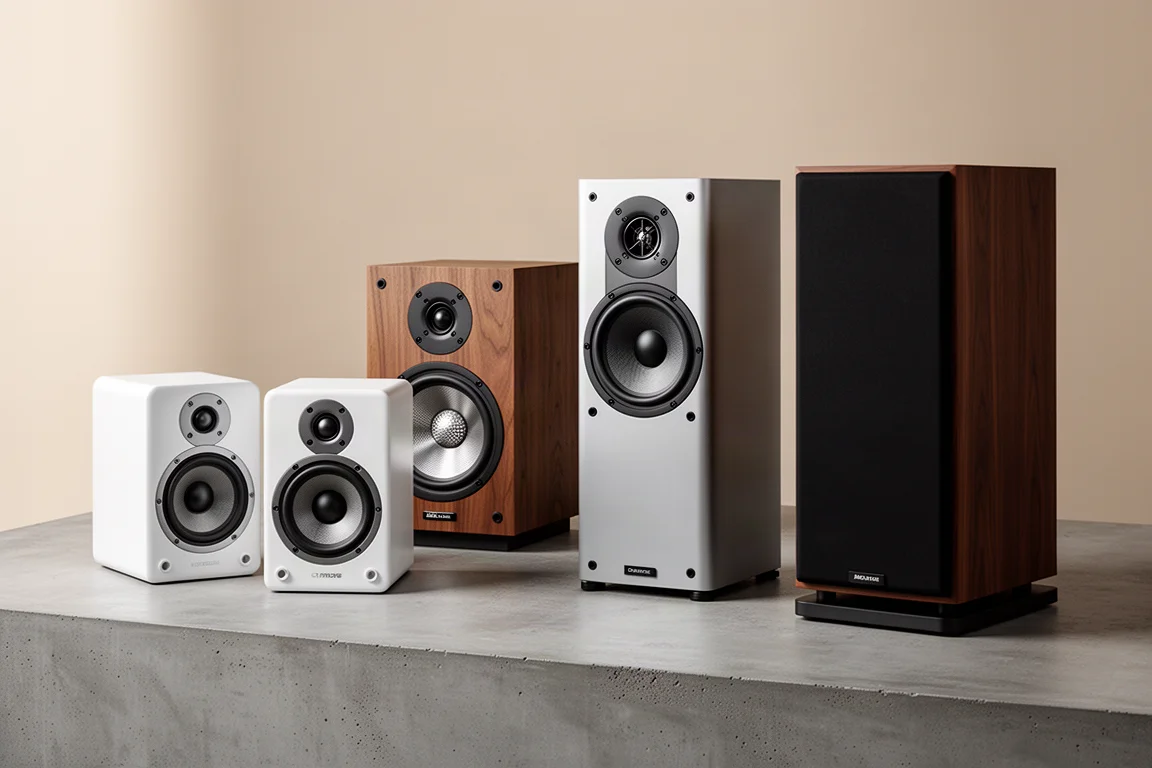 Four hi-fi speakers arranged on a matte concrete surface