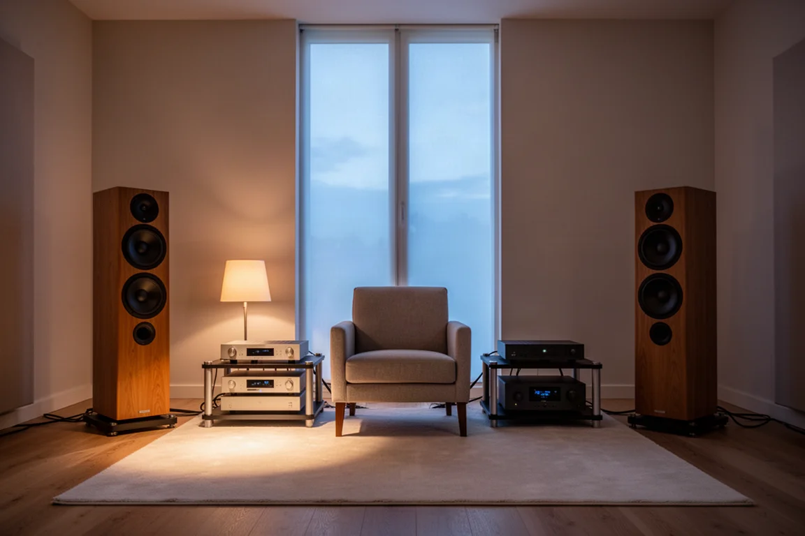 Sala de escucha al atardecer con dos torres a ambos lados de un sillón