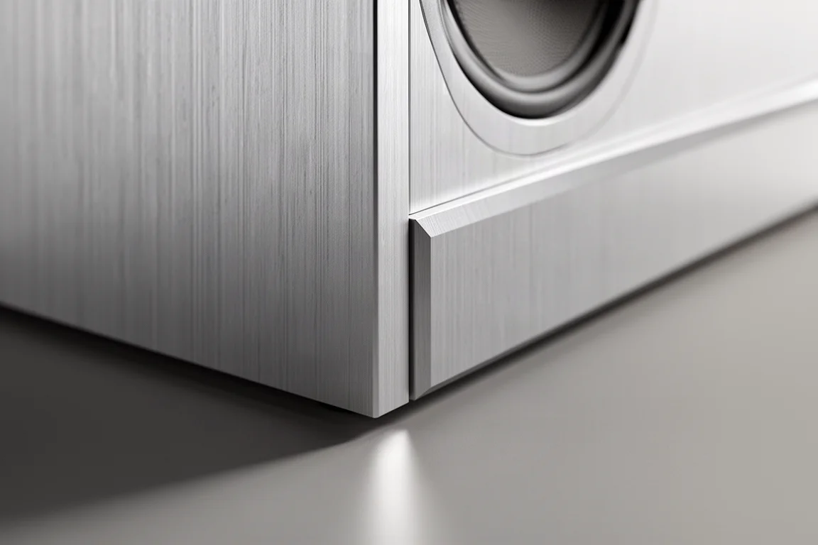 Macro de un borde de mueble de altavoz de aluminio cepillado con luz rasante