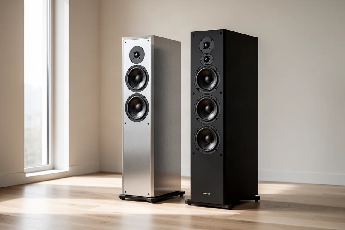 Two floorstanding loudspeakers side by side in a bright listening room