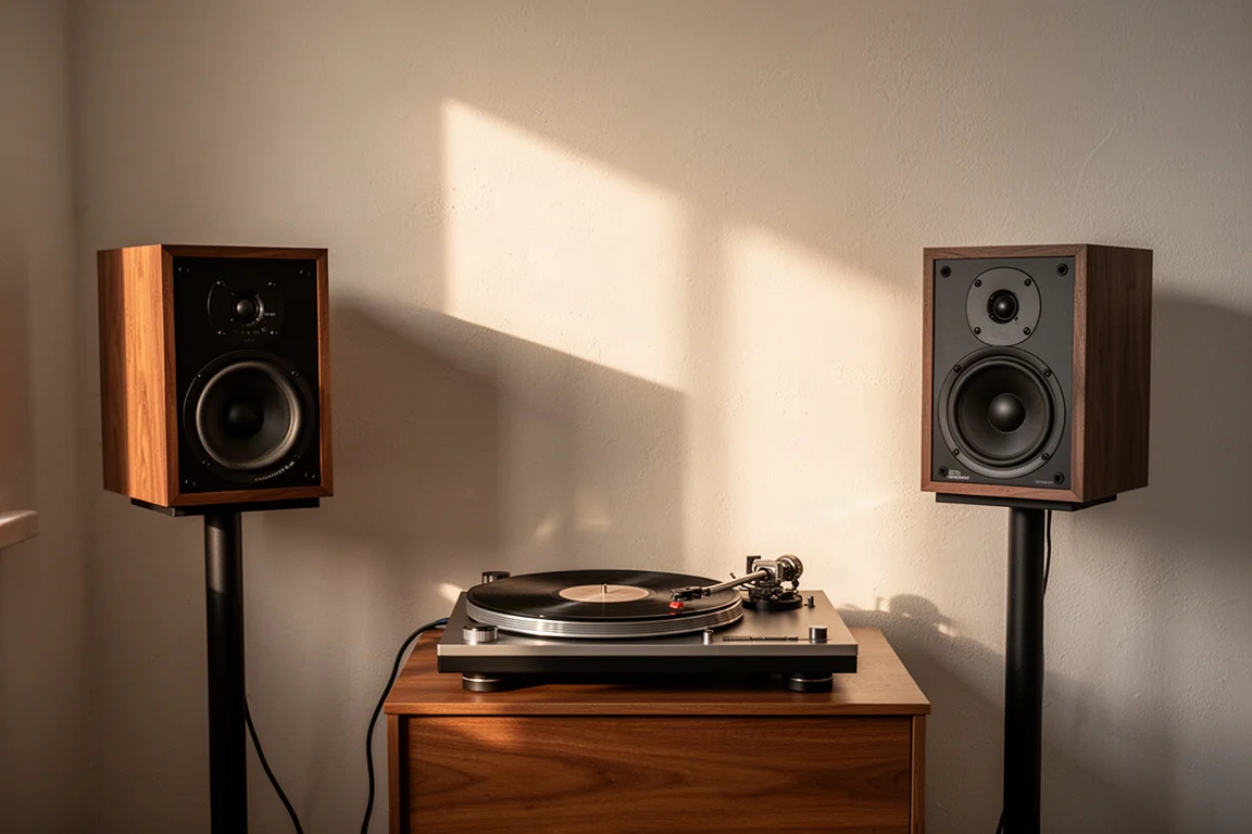 Regallautsprecher nahe einer verputzten Wand mit einem Plattenspieler auf einer niedrigen Sideboard