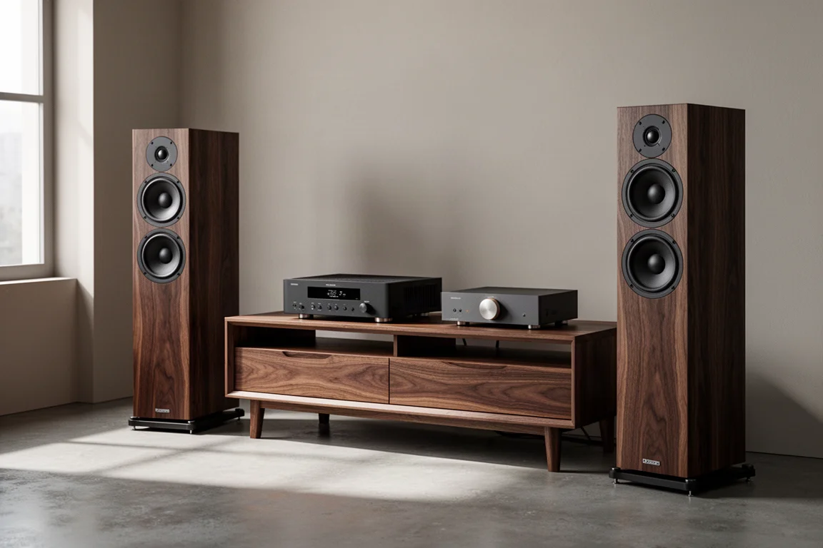 Walnut floorstanding speakers, an amplifier and a small streamer unit in a soft-lit listening room