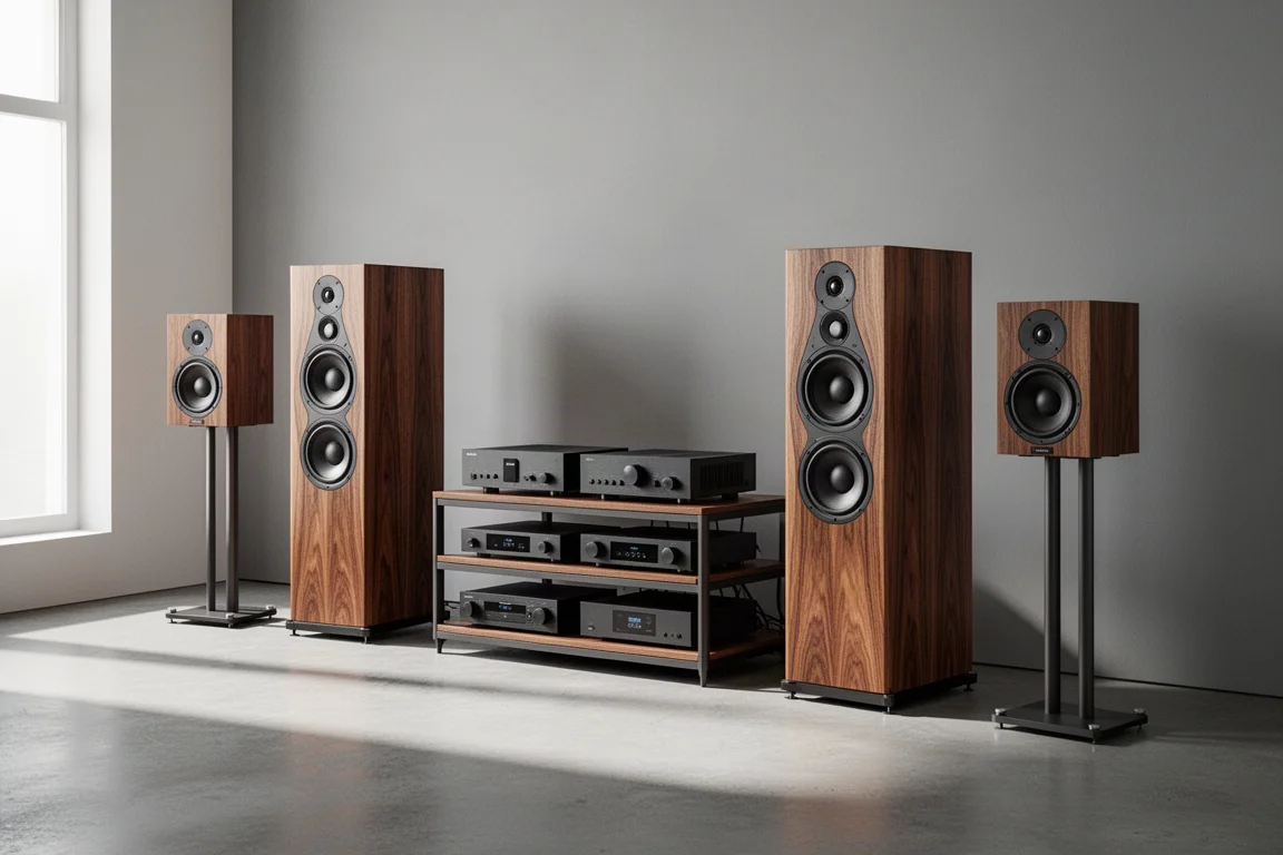 Listening room with floorstanding speakers, a stand-mounted pair, and a low equipment rack