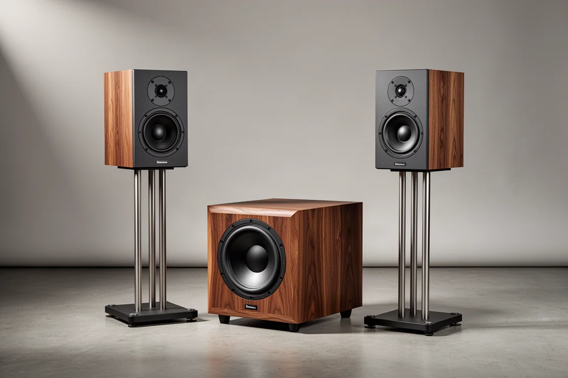 Two compact standmount speakers on stands beside a walnut-veneered subwoofer on a concrete floor