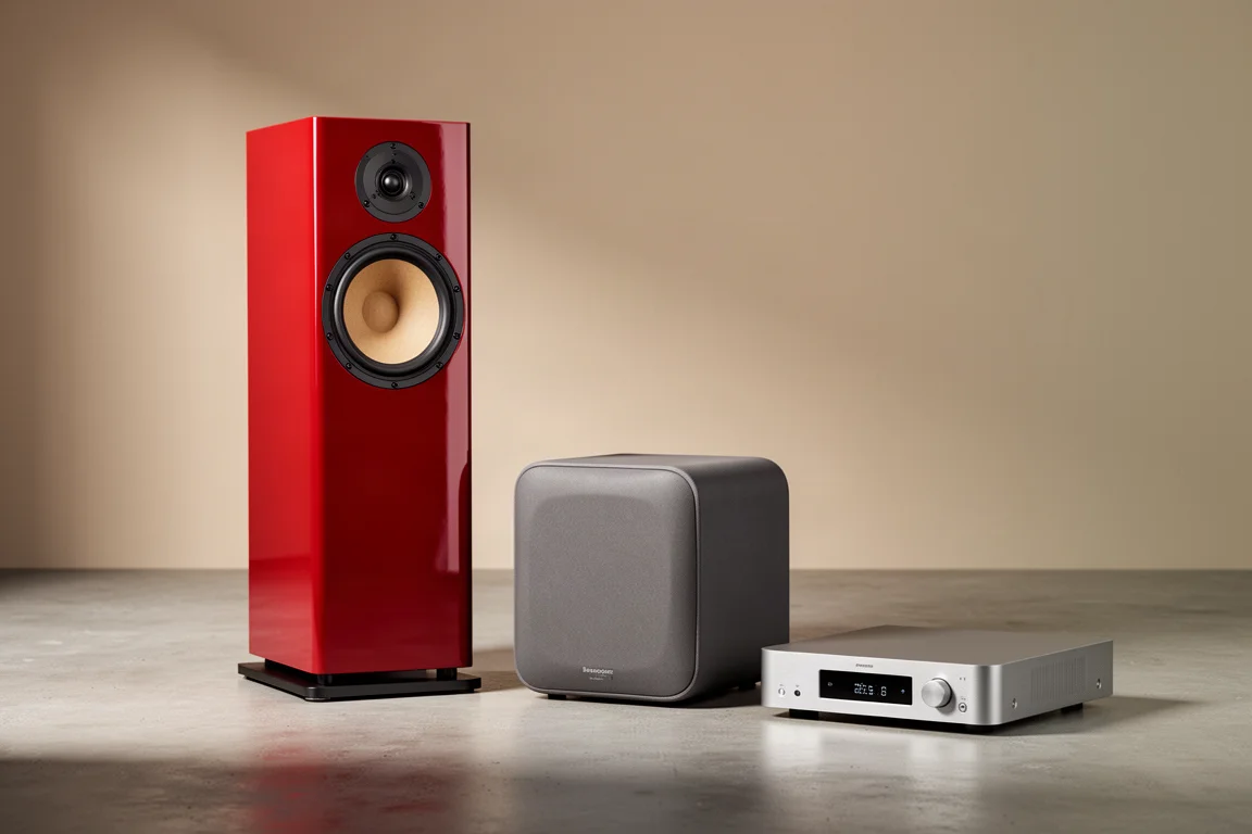 Red floorstanding speaker, compact charcoal subwoofer and slim streaming amplifier on concrete