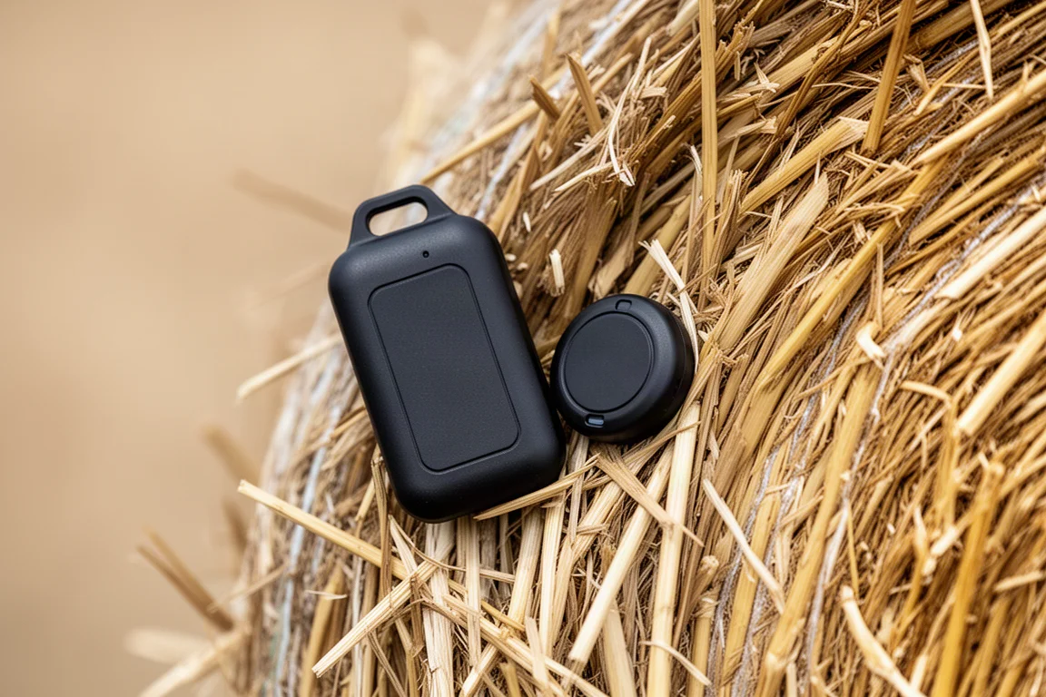 戶外草捆中放置的小型 GPS 追蹤器與 Apple AirTag