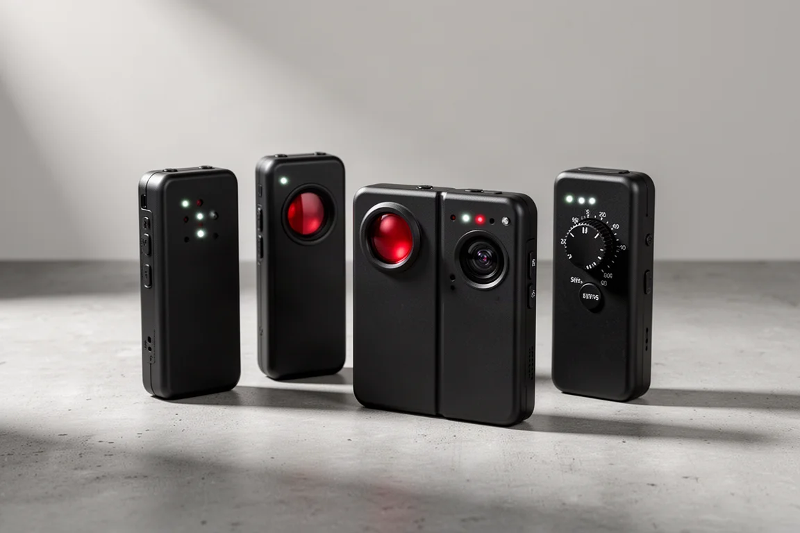 Four handheld hidden camera detector devices arranged on a concrete surface
