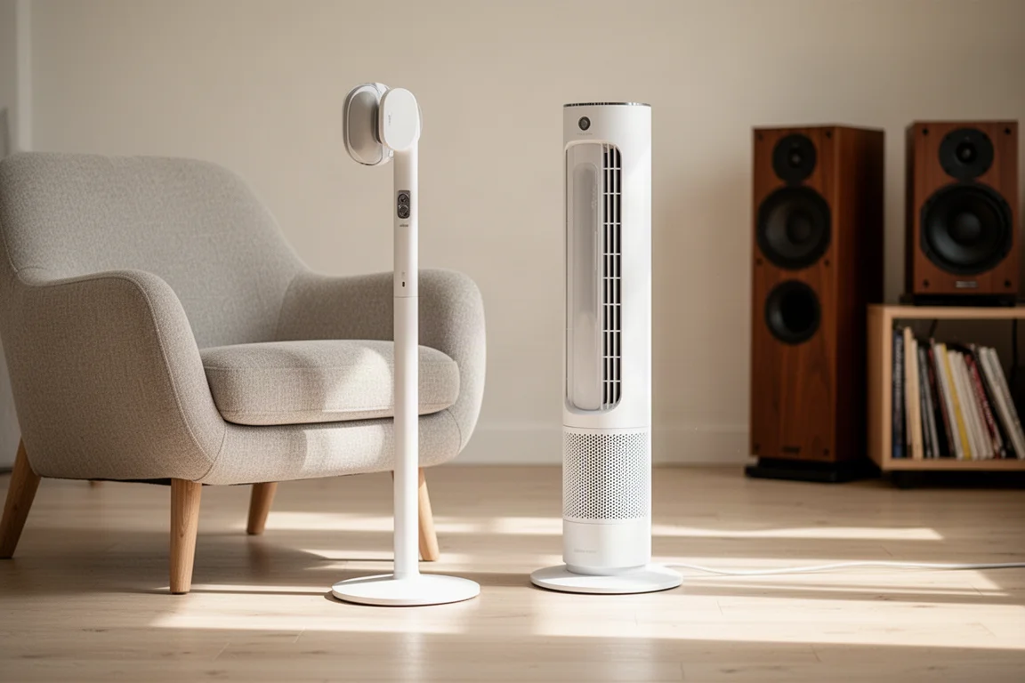 Sottile ventilatore a torre bianco in funzione accanto a una poltrona da ascolto in una stanza illuminata dal sole