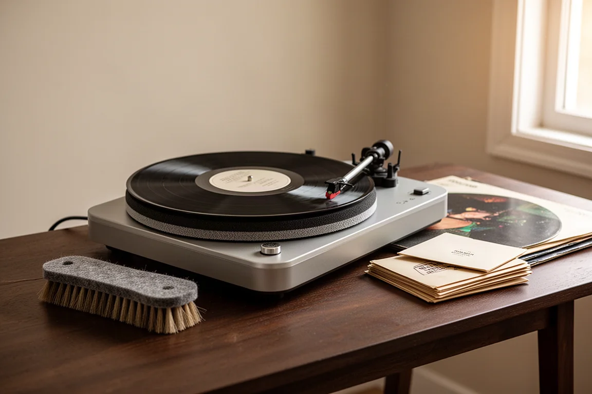 Disco in vinile pulito su una macchina accanto a una pila di copertine