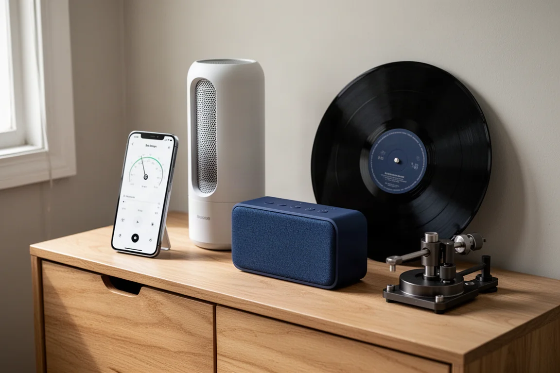 Hi-fi accessories arranged on a light oak sideboard with phone, fan, speaker, record clamp and vinyl