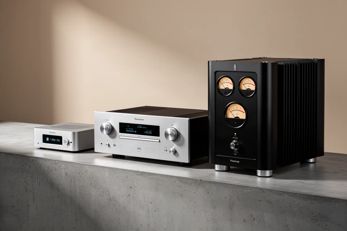 Three hi-fi amplifiers of increasing size arranged in a row on a concrete surface