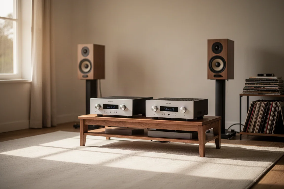 Twee geïntegreerde versterkers naast elkaar op een hi-fi-rack in een luisterruimte
