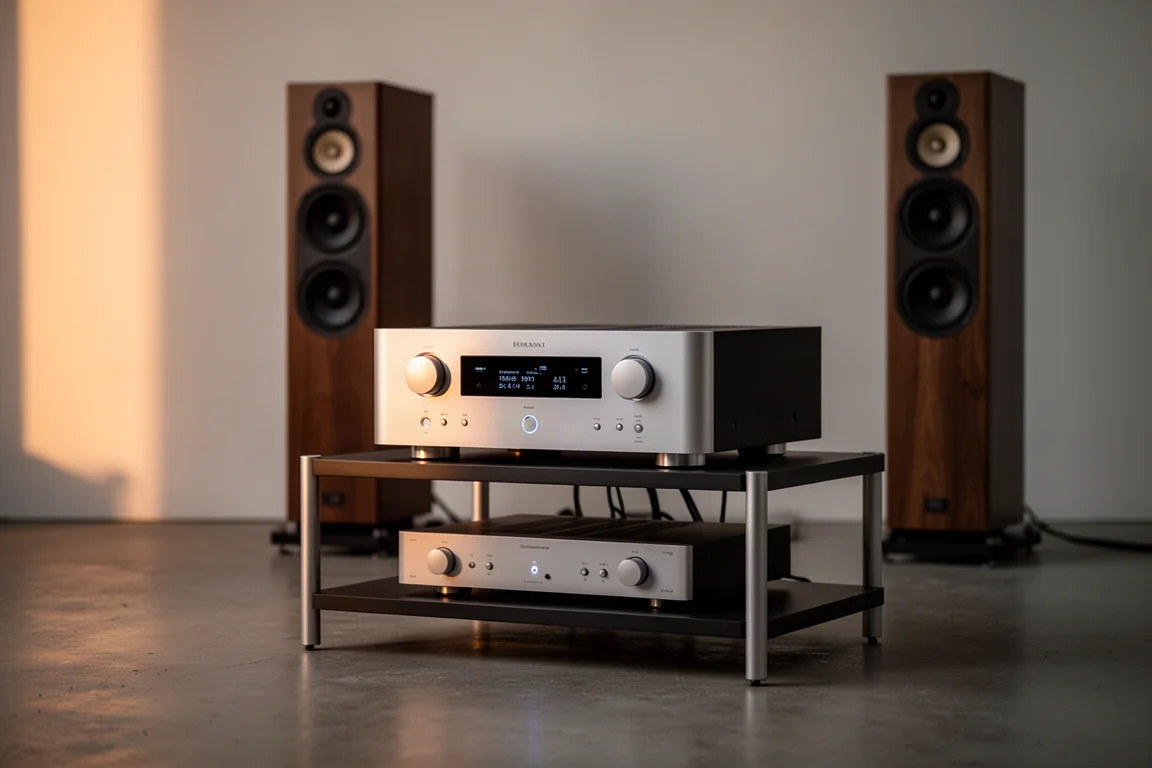 Groot vlaggenschip-versterker in een hi-fi-rack met zuilsprekers op de achtergrond