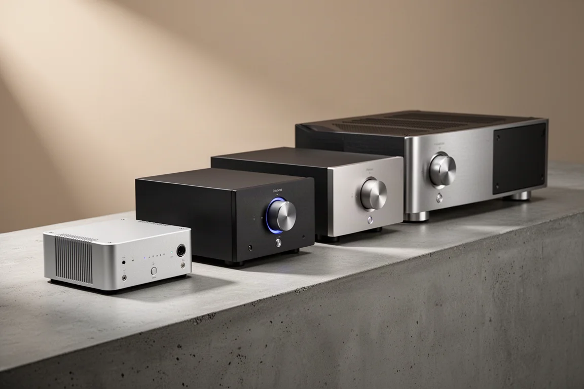 Row of integrated stereo amplifiers of increasing size on a concrete surface