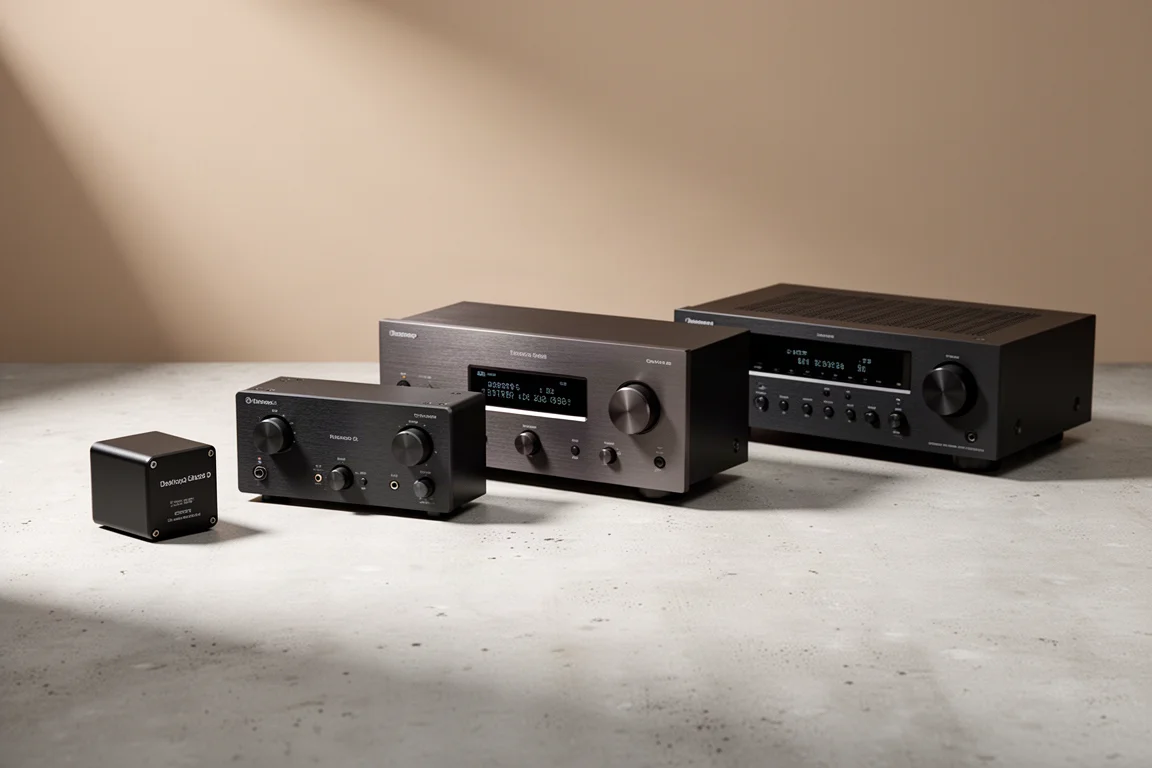 Several compact stereo amplifiers arranged in a row on a pale concrete surface