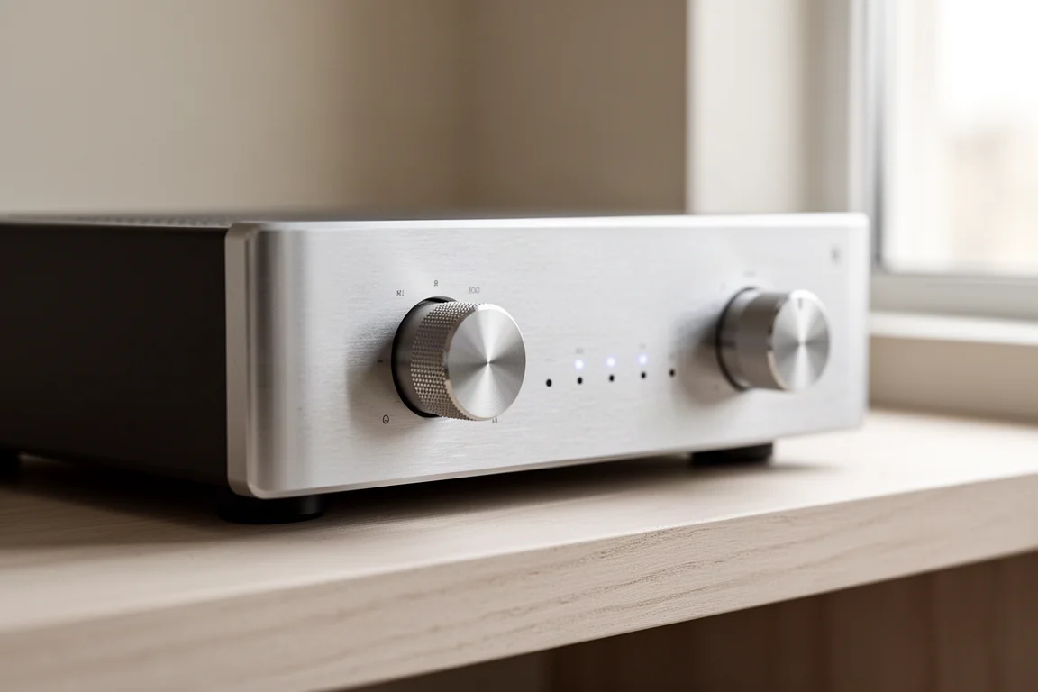 Vista cenital de un pequeño equipo de audio de escritorio con amplificador compacto y auriculares