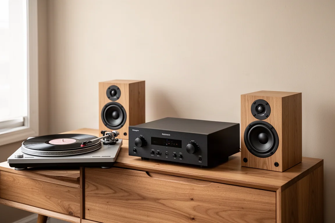 Televisor flanqueado por dos altavoces y un subwoofer en un salón con poca luz