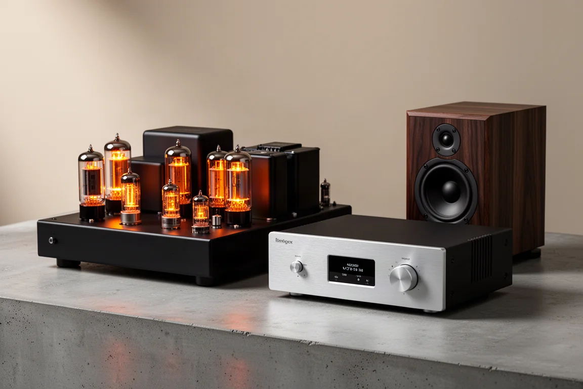 Three stereo amplifiers arranged in a row on a matte concrete surface