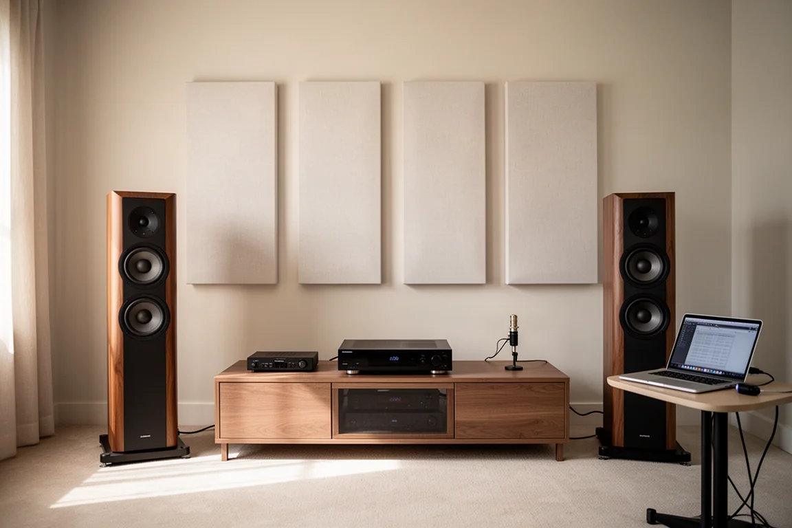 Salle d'écoute calme avec enceintes colonnes, panneaux acoustiques et microphone de mesure