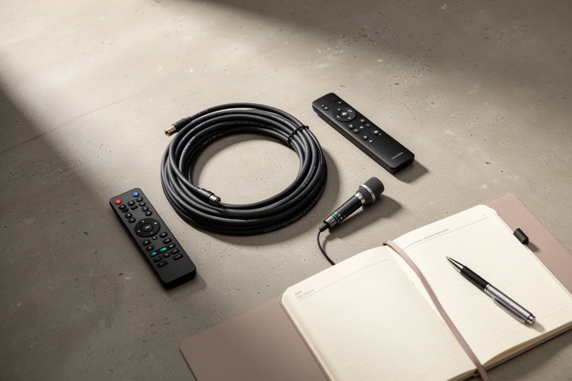 Vue à plat de câble d'enceinte, télécommande et microphone de mesure sur béton