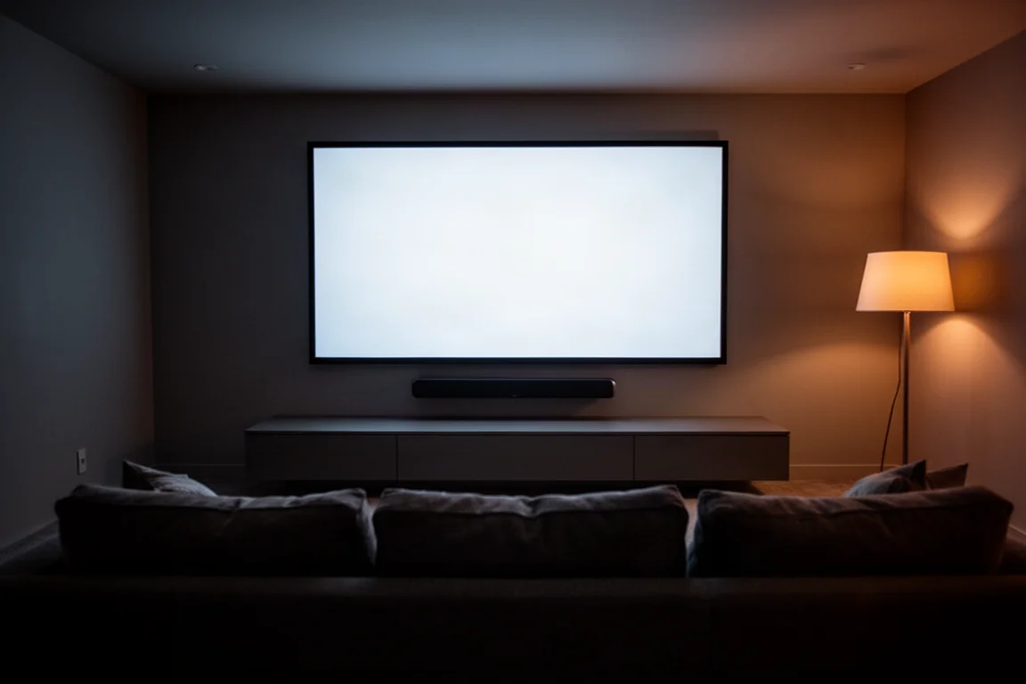 Salle home-cinéma tamisée la nuit avec un grand écran lumineux au-dessus d'une barre de son fine