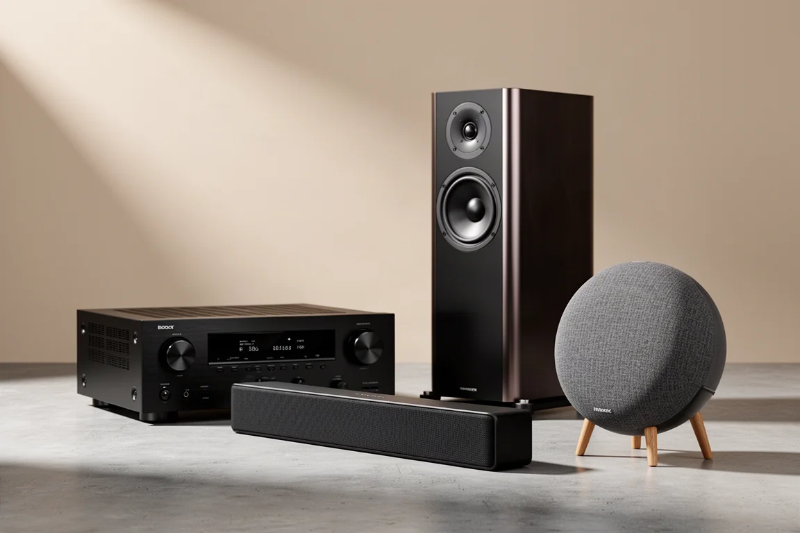 Home audio products including an AV receiver, soundbar, floorstanding speaker and powered speaker on concrete