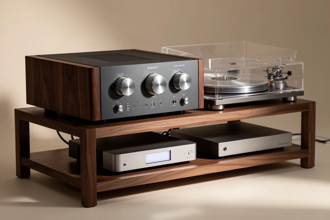 Valve-hybrid amplifier, turntable and streamer arranged on a walnut hi-fi rack