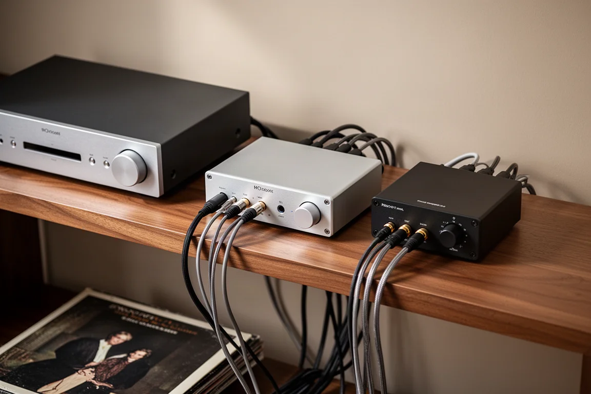 俯視 Hi-Fi 層架上擴音機、DAC 與唱頭前級的細節