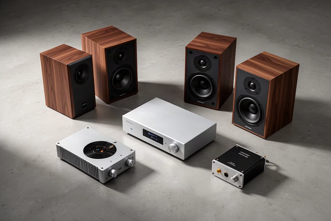 Hi-fi components including bookshelf speakers, an amplifier and a desktop DAC on concrete