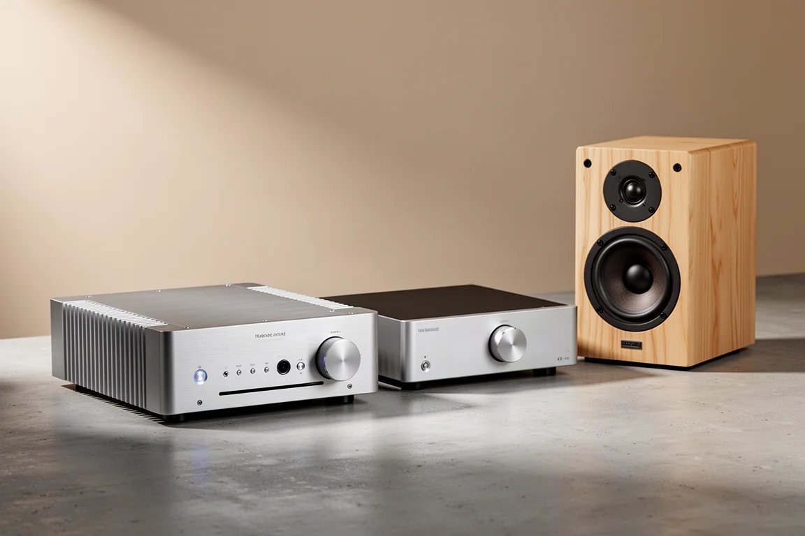 A DAC, an integrated amplifier and a bookshelf speaker arranged on a concrete surface