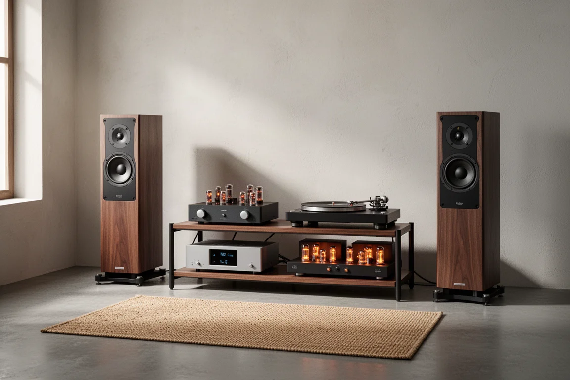Modern listening room with floorstanding speakers, amplifier rack and turntable in soft window light